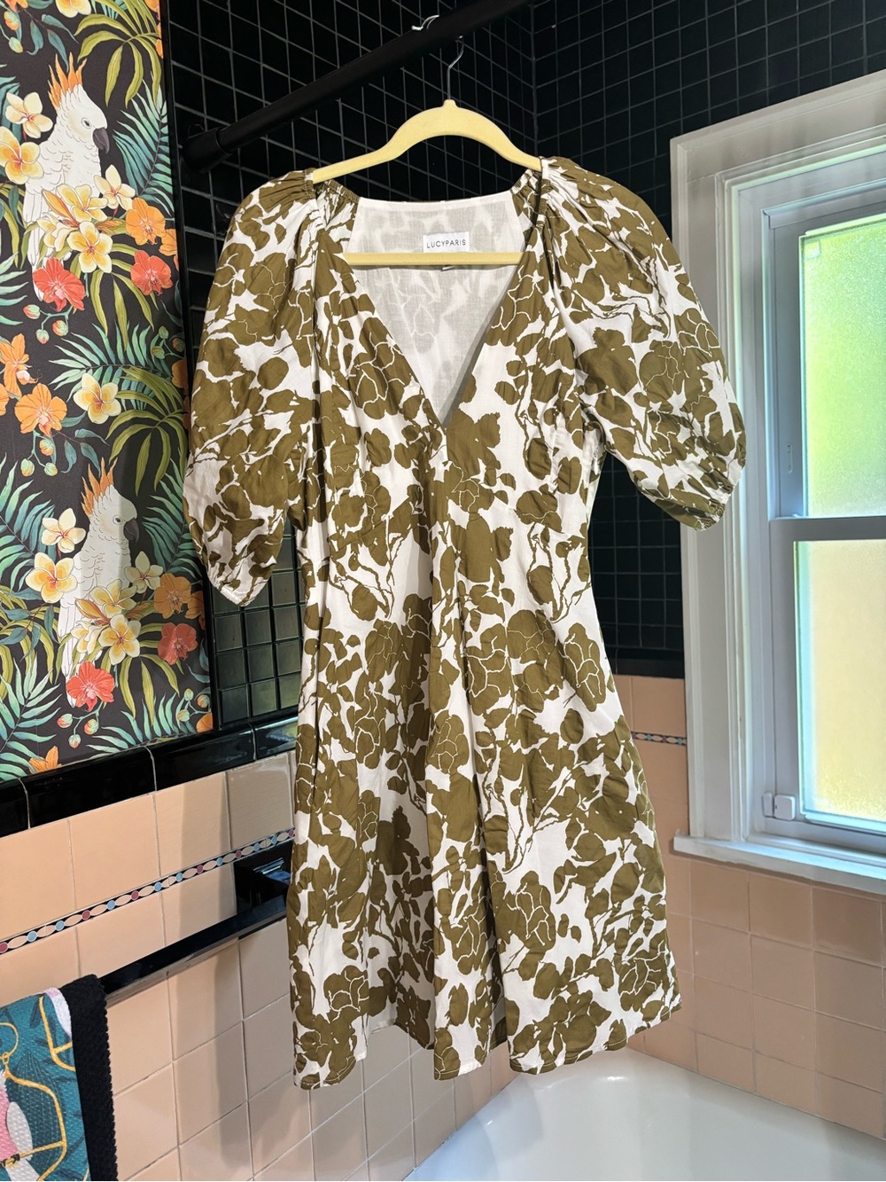 Lucy Paris Olive & White Floral V-Neck Puff Sleeve Mini Dress